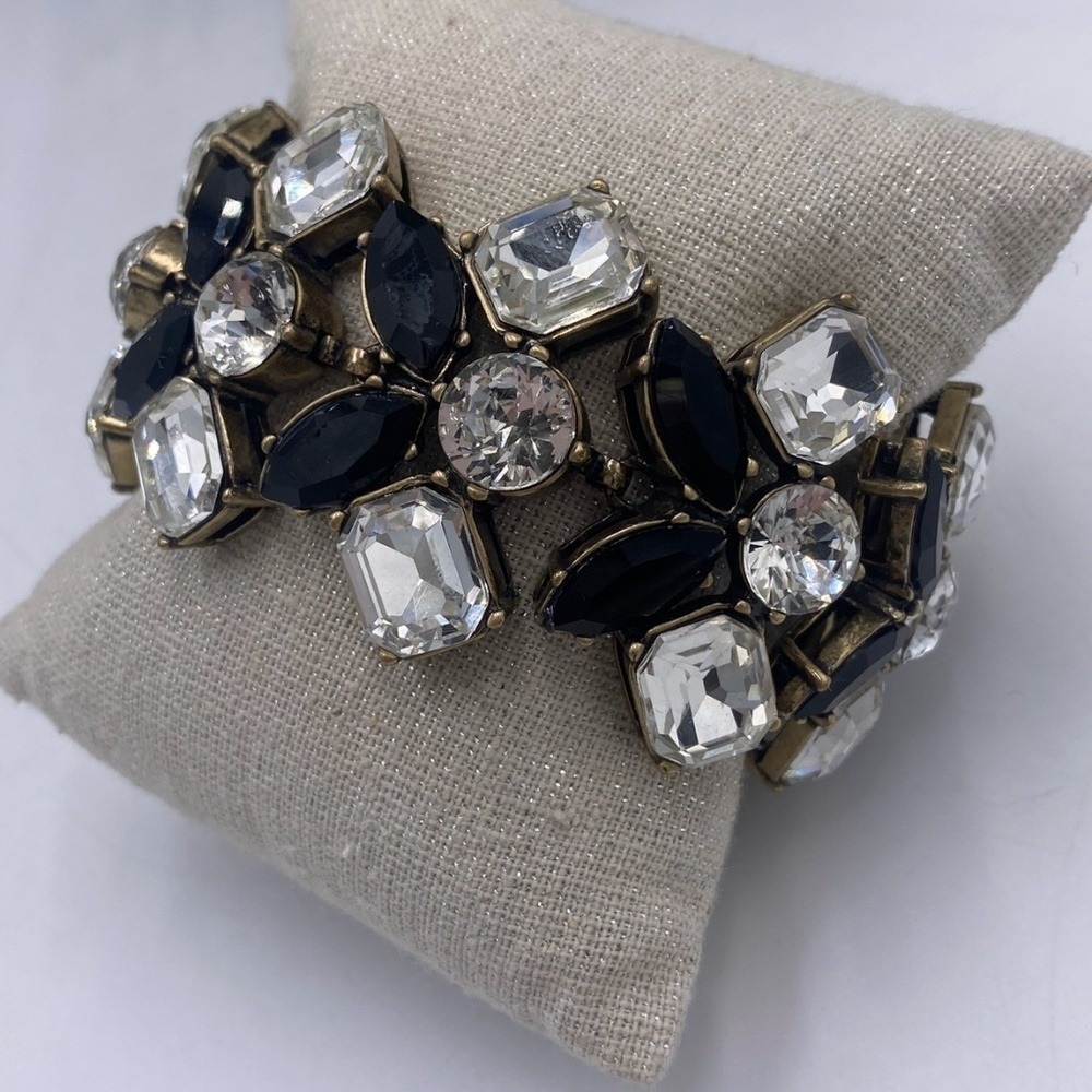 J. Crew Vintage Black and Clear Rhinestone Bracelet Gold Tone Fashion Statement